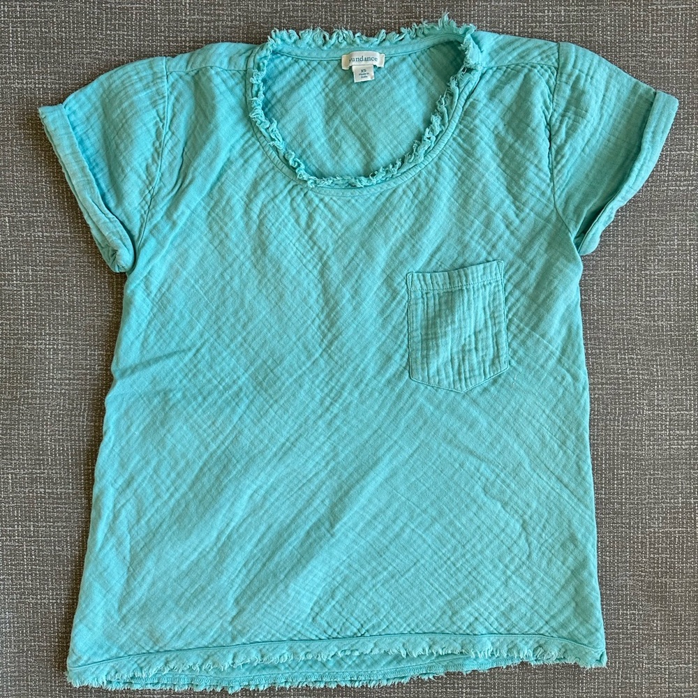 Sundance 100% Cotton Textured Gauze Frayed Short Sleeve Blouse Boho Coastal XS